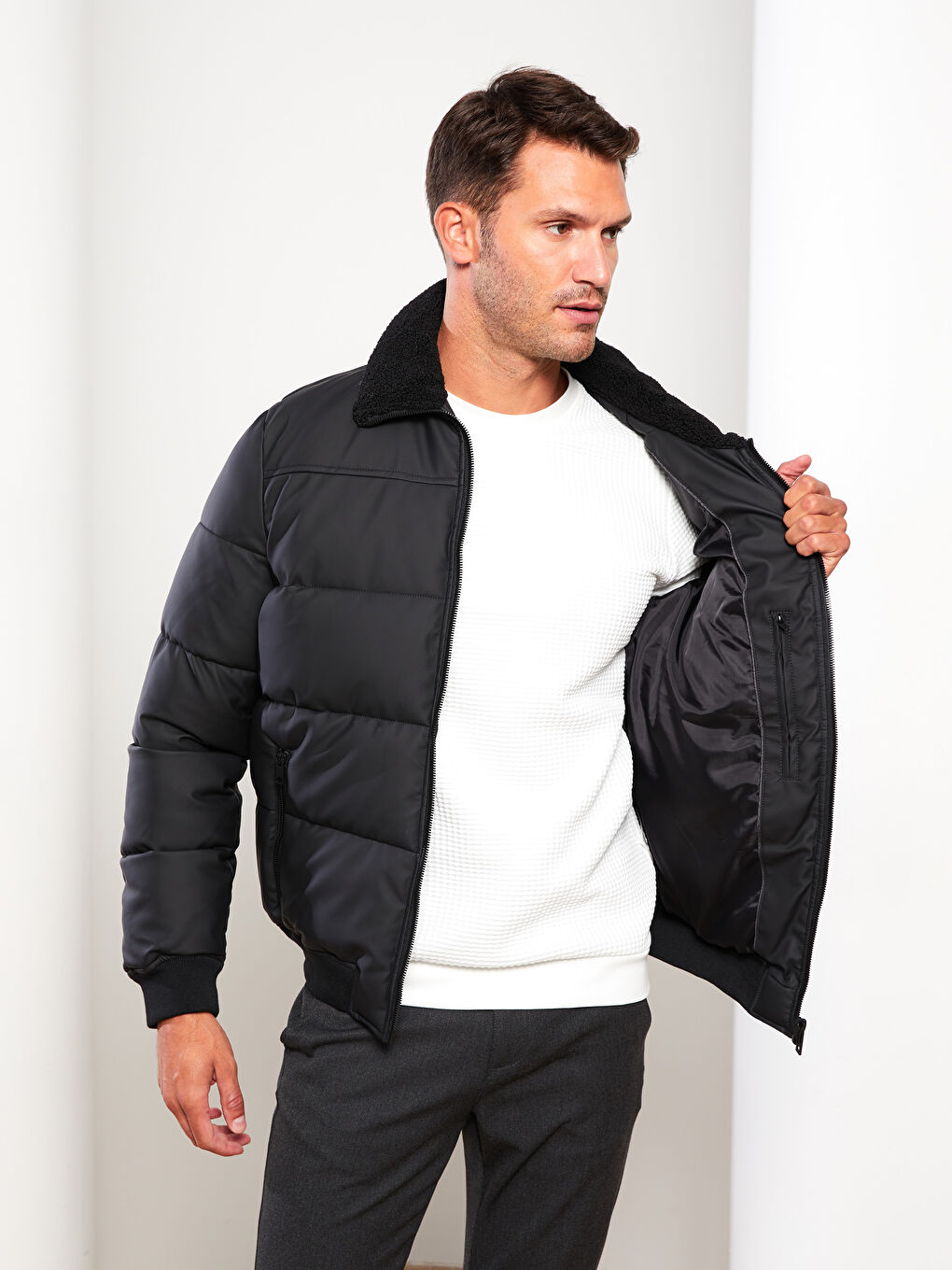 Siyah Standart Kalıp Gömlek Yaka Erkek Şişme Mont-2