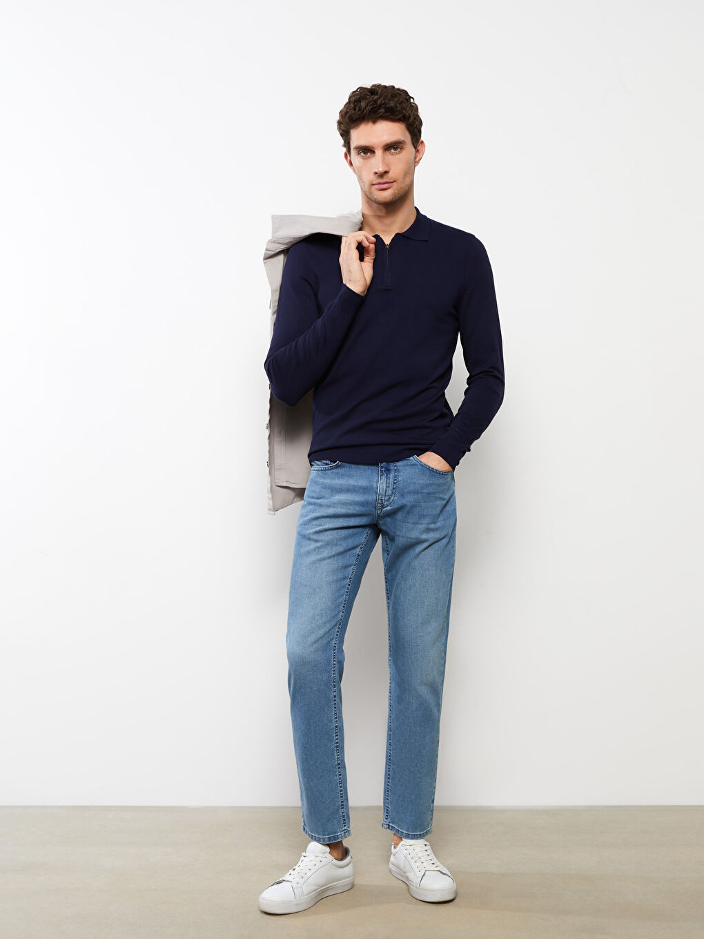 Lacivert Polo Yaka Uzun Kollu Pike Erkek Triko Kazak