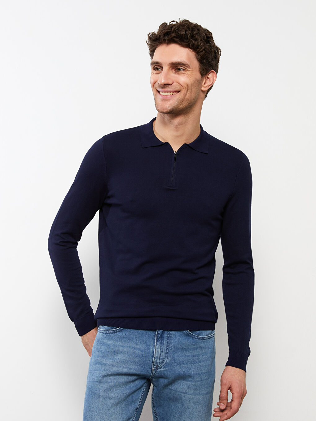 Lacivert Polo Yaka Uzun Kollu Pike Erkek Triko Kazak-1