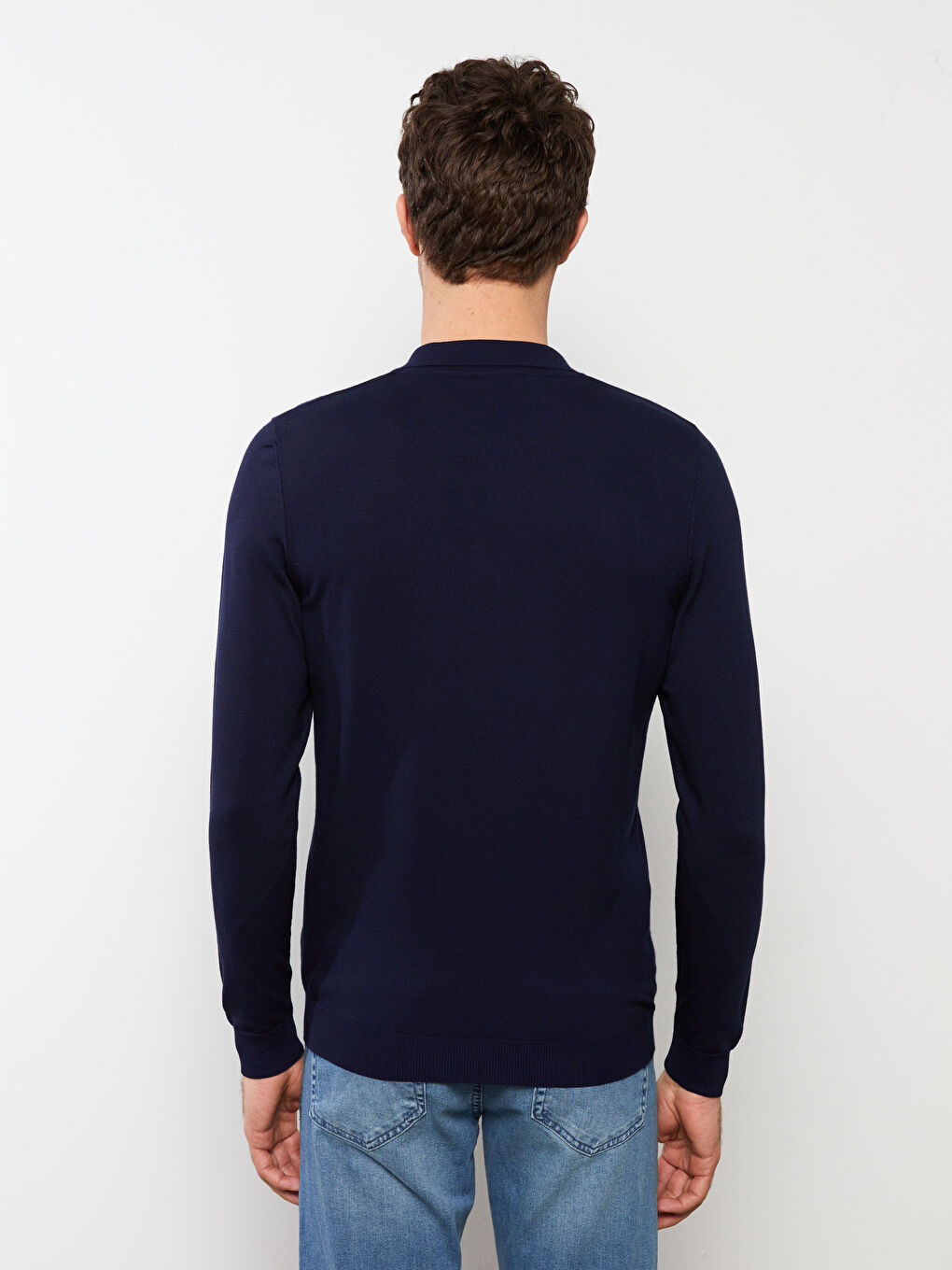 Lacivert Polo Yaka Uzun Kollu Pike Erkek Triko Kazak-4