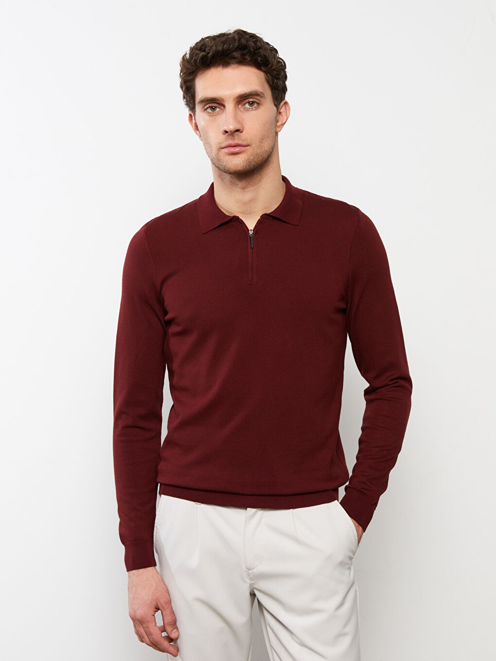 سويتر تريكو بياقة بولو وكم طويل سادة للرجال-1