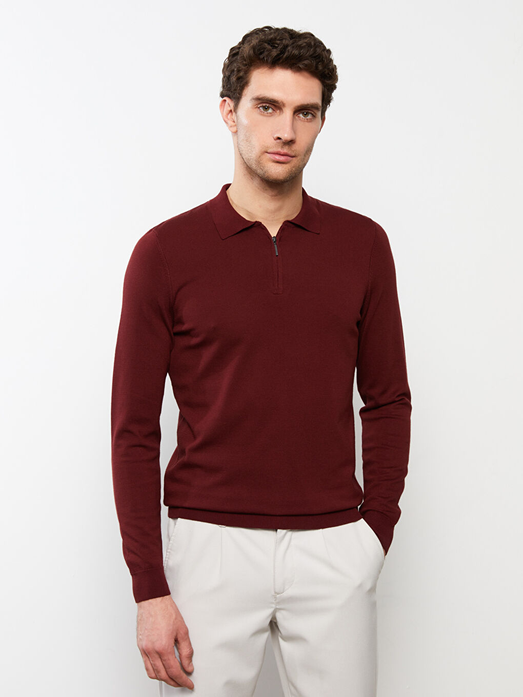 سويتر تريكو بياقة بولو وكم طويل سادة للرجال-2
