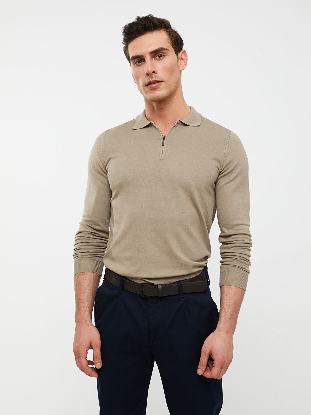 Bej Polo Yaka Uzun Kollu Pike Erkek Triko Kazak