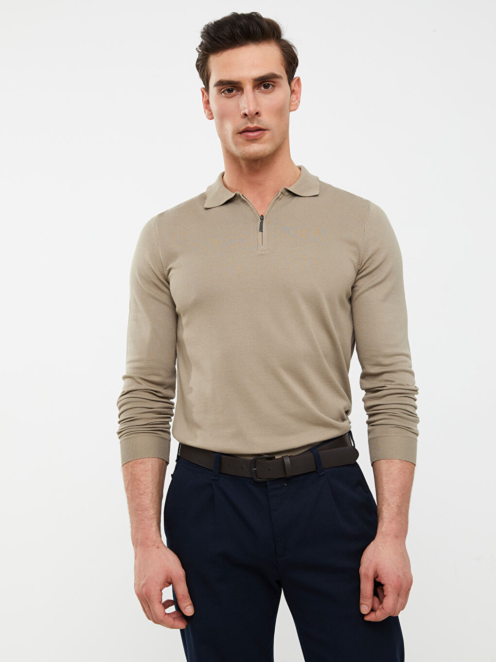 Bej Polo Yaka Uzun Kollu Pike Erkek Triko Kazak-1