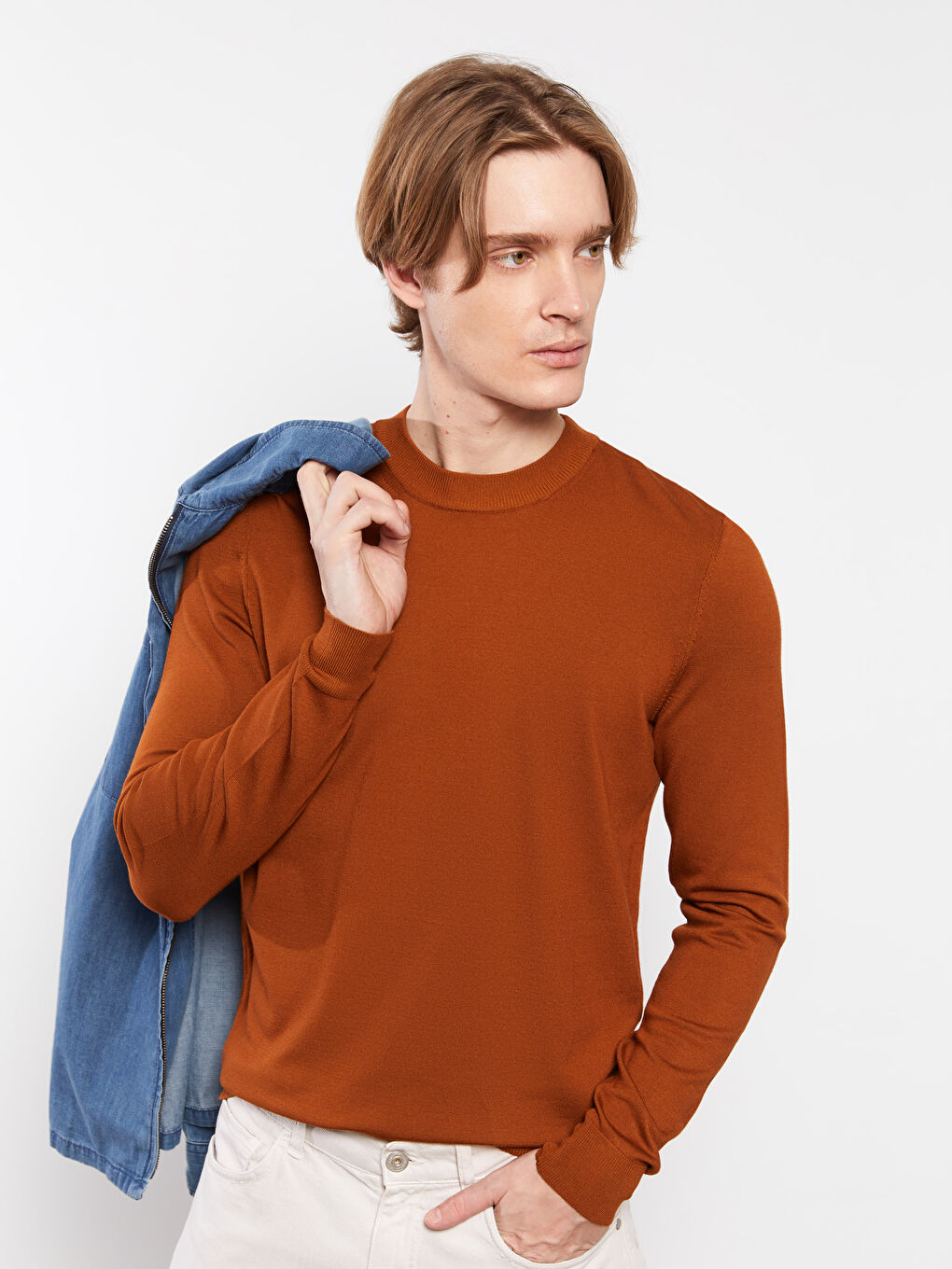 Kahverengi Bisiklet Yaka Erkek Triko Kazak