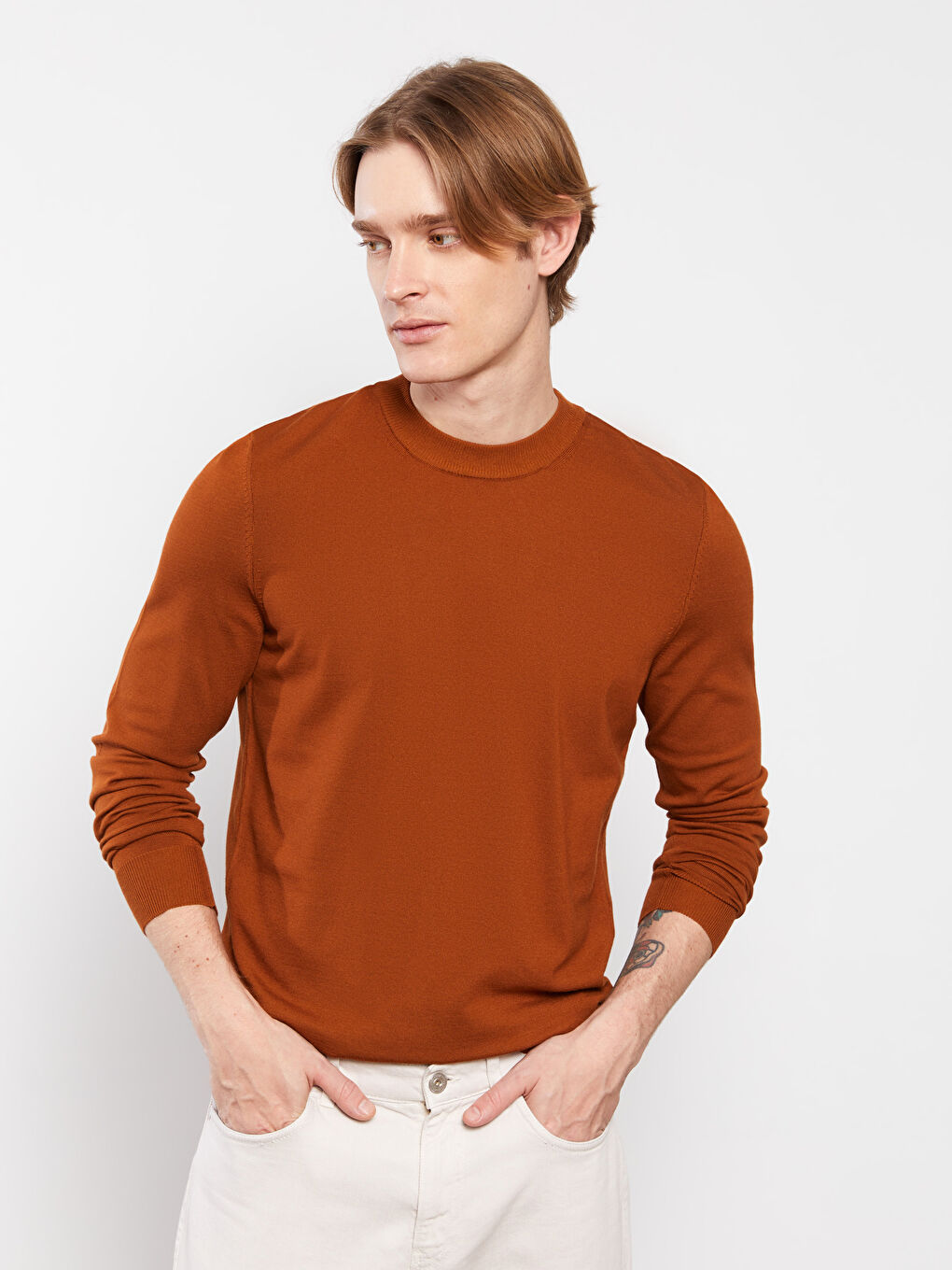 Kahverengi Bisiklet Yaka Erkek Triko Kazak-1