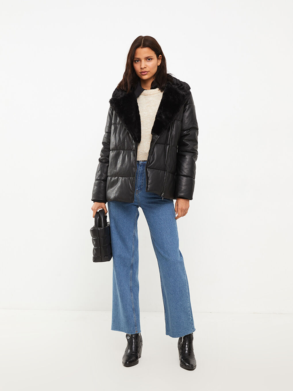 Siyah Şal Yaka Düz Uzun Kollu Kadın Deri Görünümlü Mont