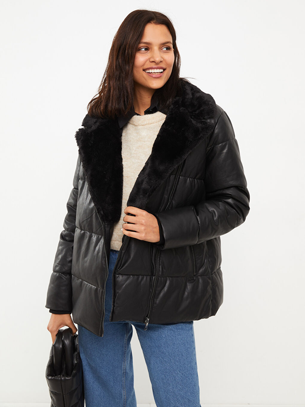 Siyah Şal Yaka Düz Uzun Kollu Kadın Deri Görünümlü Mont-2