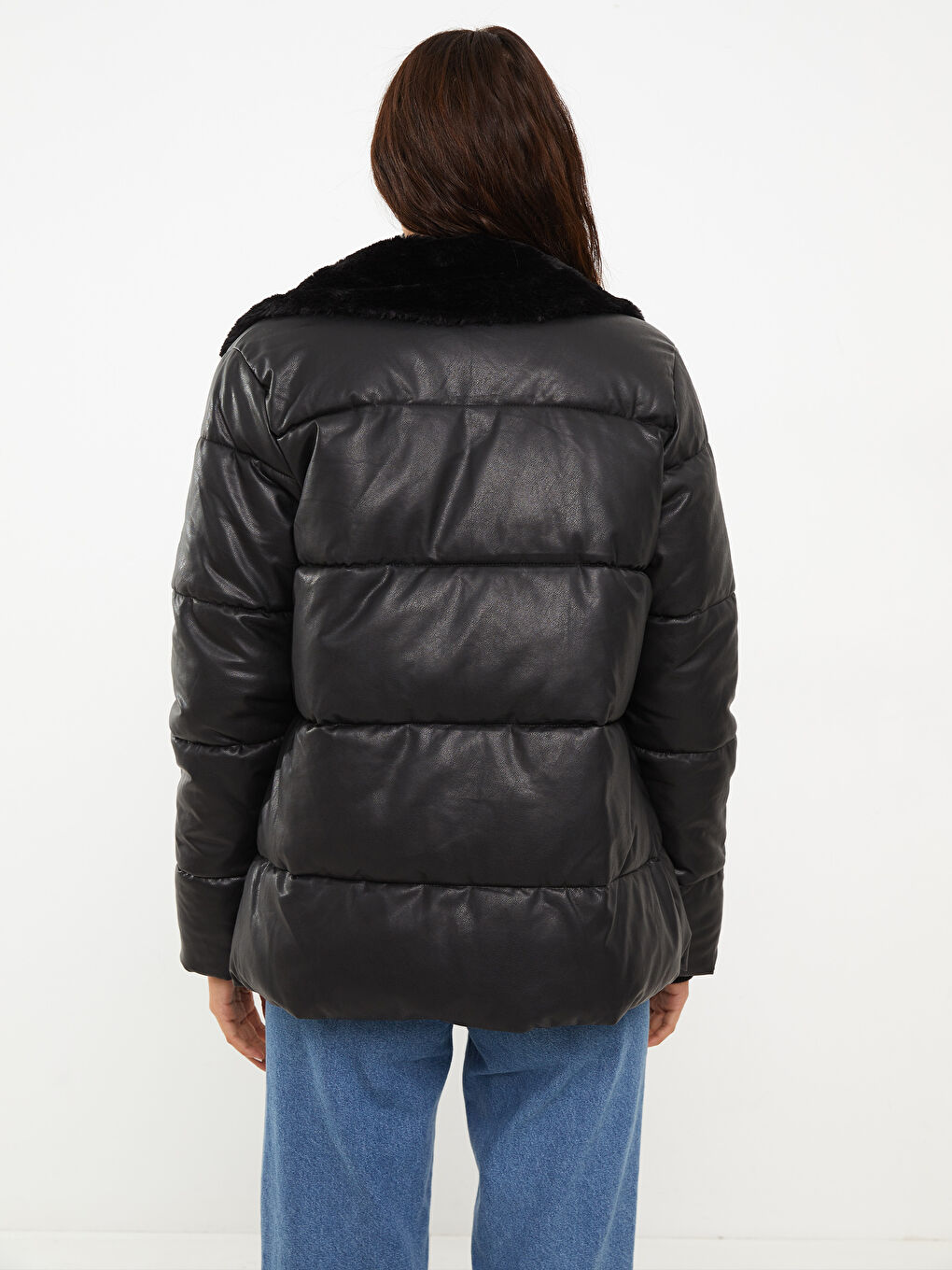 Siyah Şal Yaka Düz Uzun Kollu Kadın Deri Görünümlü Mont-5