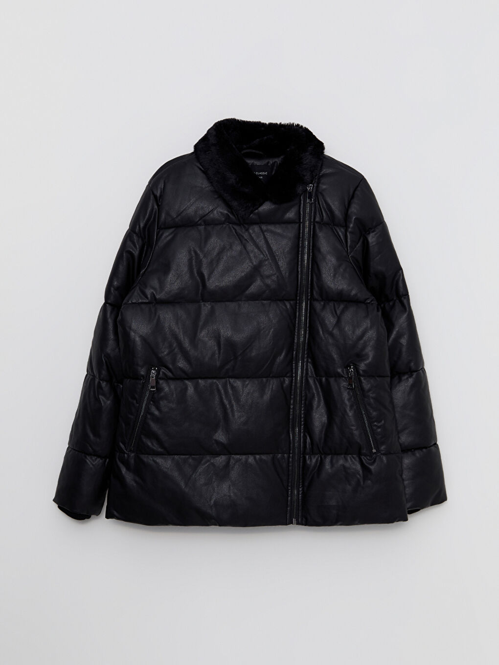 Siyah Şal Yaka Düz Uzun Kollu Kadın Deri Görünümlü Mont-6