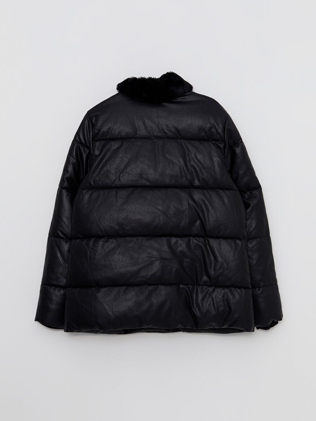 Siyah Şal Yaka Düz Uzun Kollu Kadın Deri Görünümlü Mont-8