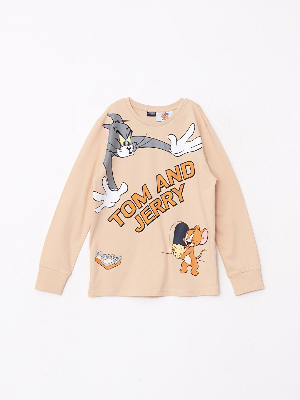 Bej Bisiklet Yaka Tom ve Jerry Baskılı Uzun Kollu Pamuklu Erkek Çocuk Tişört