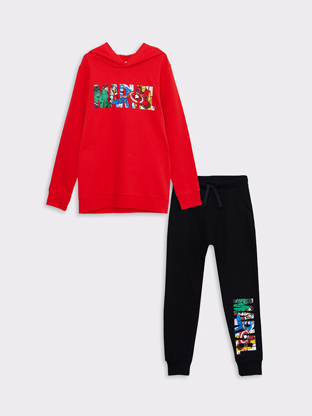 Kırmızı Kapüşonlu Marvel Baskılı Uzun Kollu Erkek Çocuk Sweatshirt ve Eşofman Altı