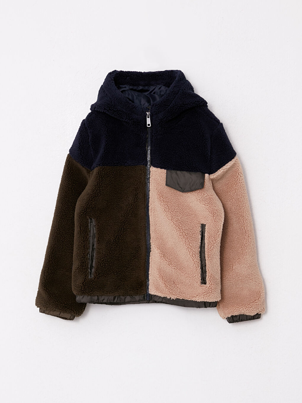 Hooded Color Block Plush Boys Jacket