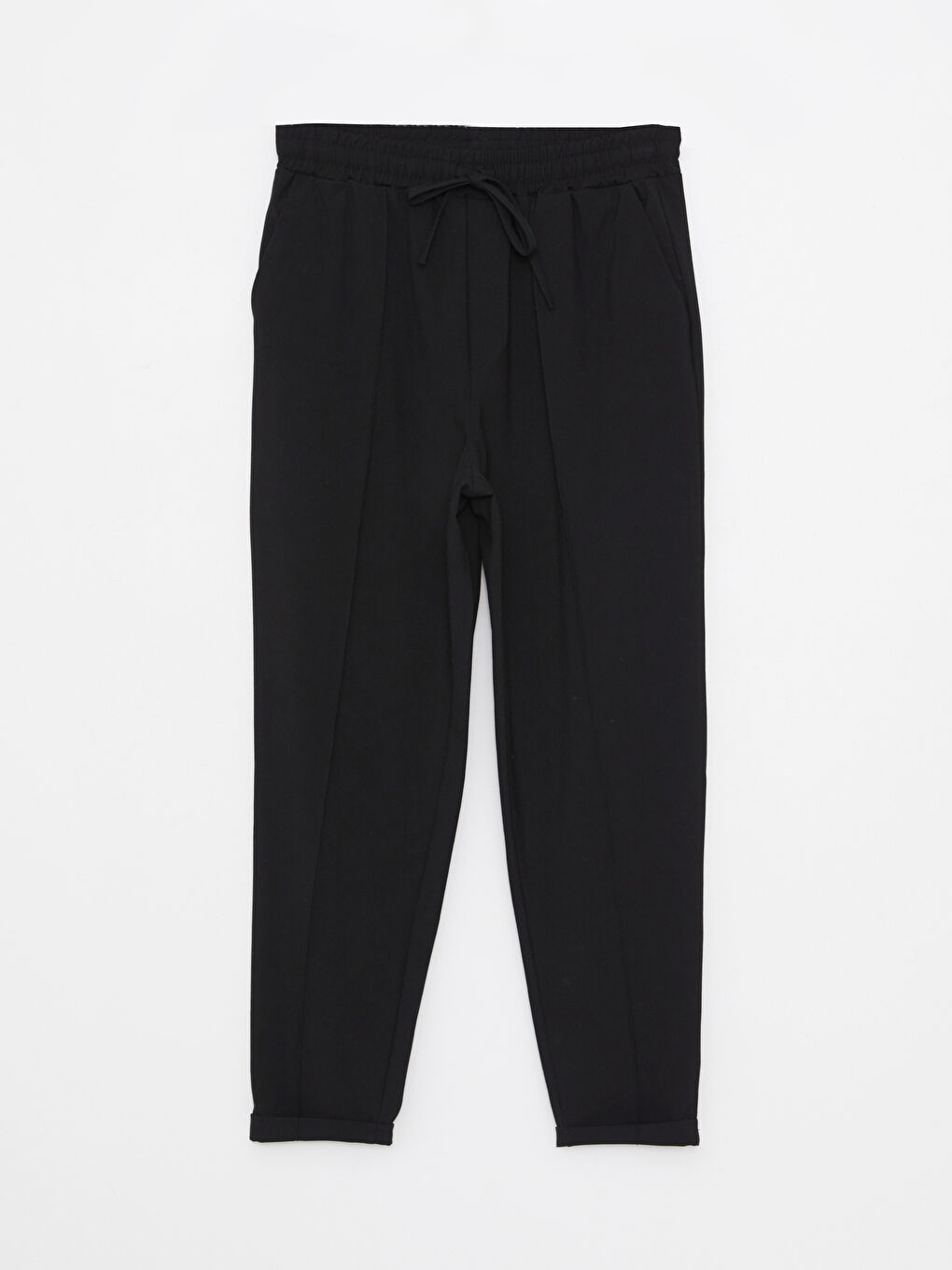 Siyah Kadın Beli Lastikli Düz Pantolon-5