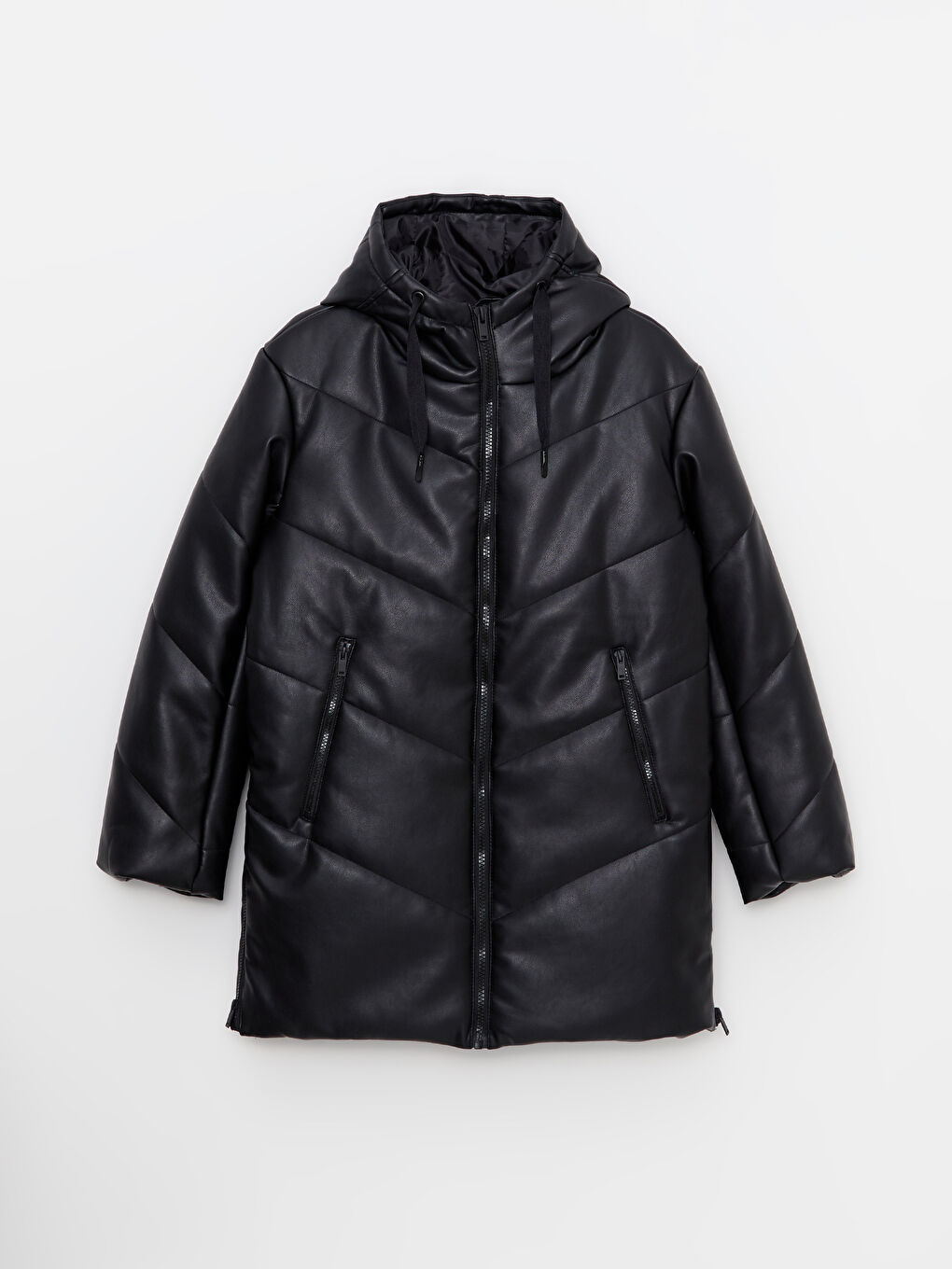 Siyah Kadın Kapüşonlu Düz Şişme Mont-7