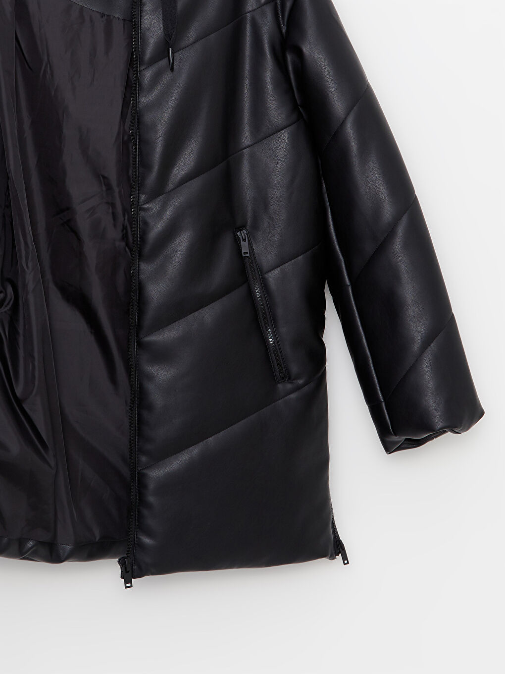 Siyah Kadın Kapüşonlu Düz Şişme Mont-9