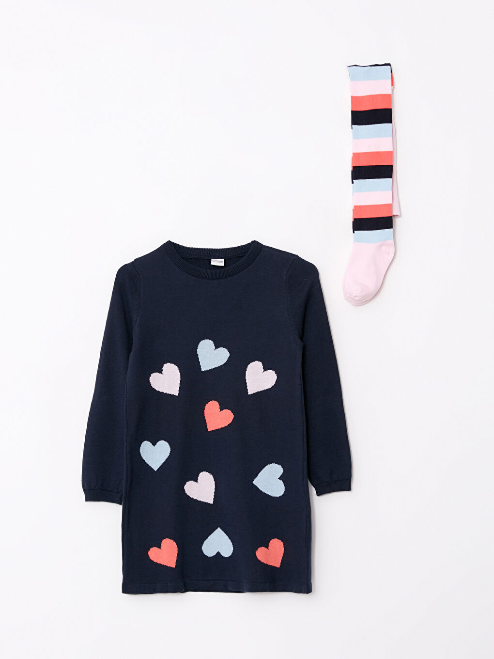 Lacivert Bisiklet Yaka Desenli Uzun Kollu Kız Çocuk Triko Elbise ve Külotlu Çorap