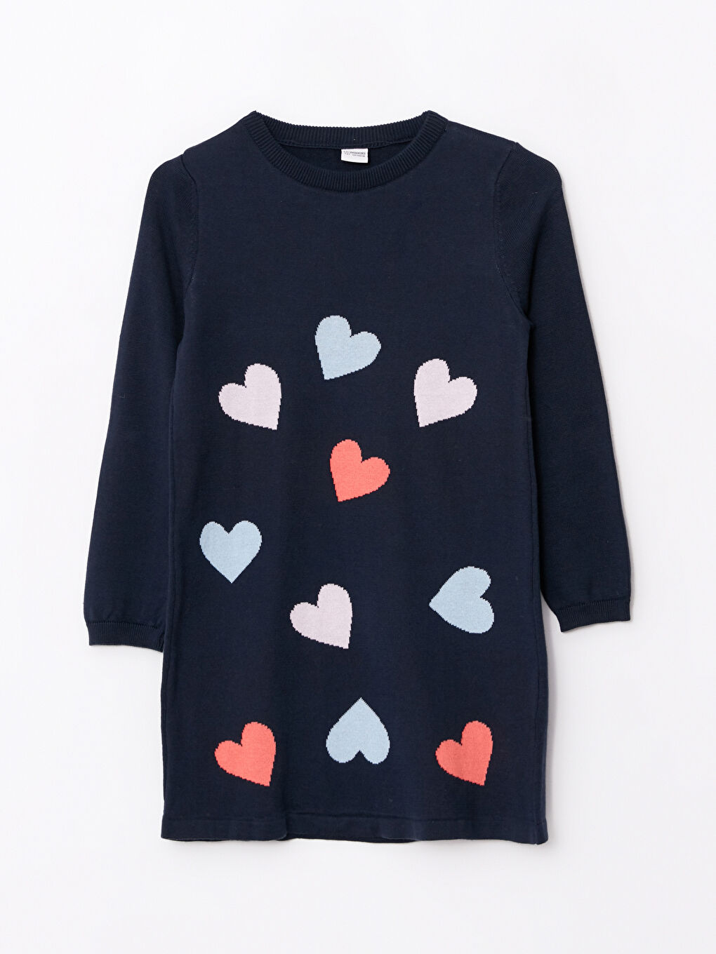 Lacivert Bisiklet Yaka Desenli Uzun Kollu Kız Çocuk Triko Elbise ve Külotlu Çorap-1