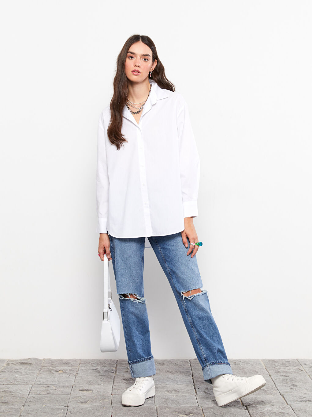 Buttoned Regular Long Sleeve Poplin Women's Shirt-1