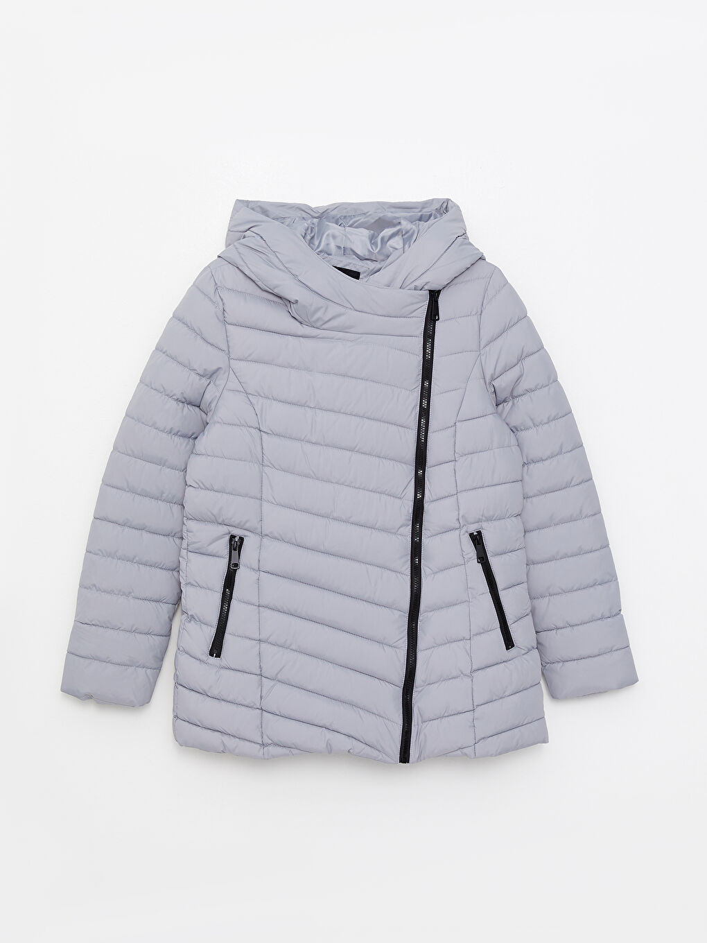 Женский однотонный пуховик с капюшоном-6