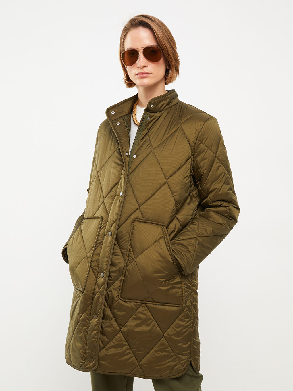 Women's Down Jacket With Stand Collar Quilted Pattern Long Sleeve -W23148Z8-RYT