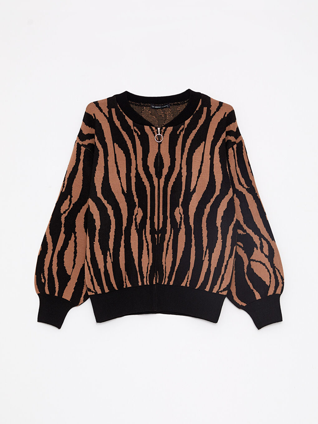 Siyah Bisiklet Yaka Desenli Uzun Kollu Kadın Triko Hırka-5