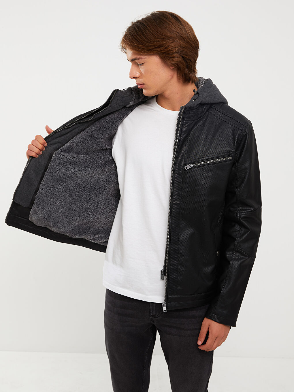 Siyah Slim Fit Kapüşonlu Erkek Deri Görünümlü Mont-2