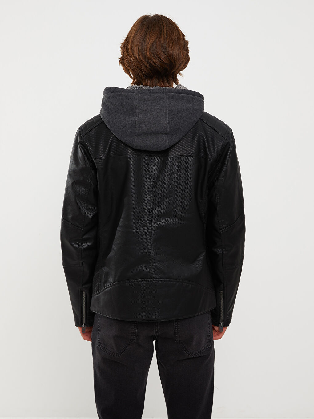 Siyah Slim Fit Kapüşonlu Erkek Deri Görünümlü Mont-4