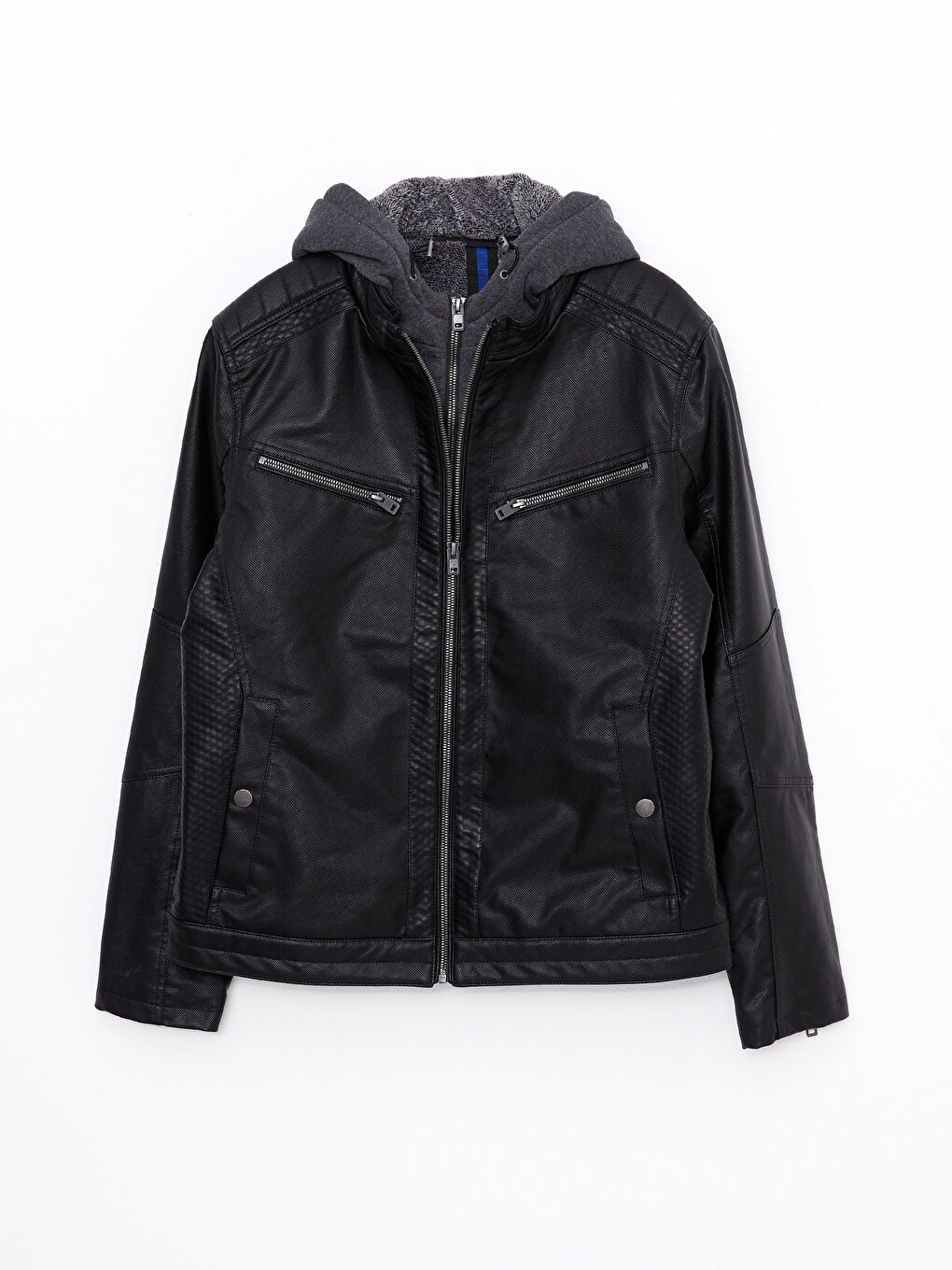 Siyah Slim Fit Kapüşonlu Erkek Deri Görünümlü Mont-5