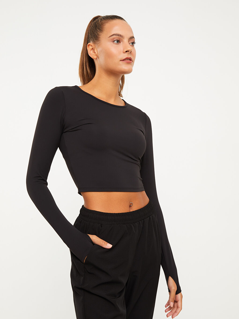 Crew Neck Printed Long Sleeve Women's Crop Top -W23194Z8-CVL
