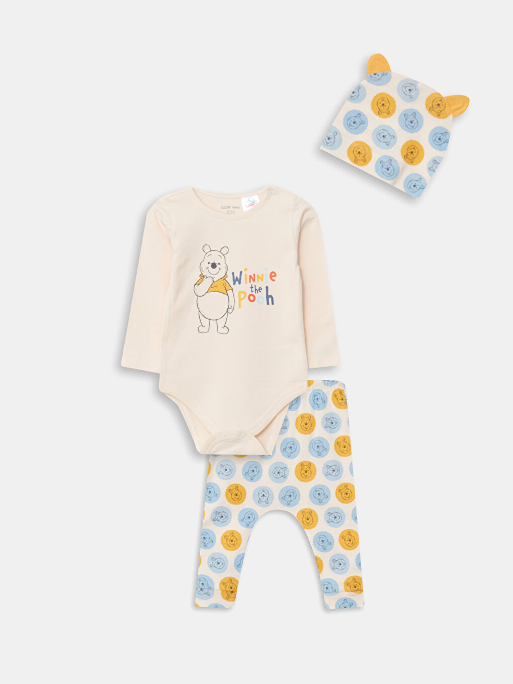 Bisiklet Yaka Uzun Kollu Winnie the Pooh Baskılı Pamuklu Erkek Bebek 3'lü Takım