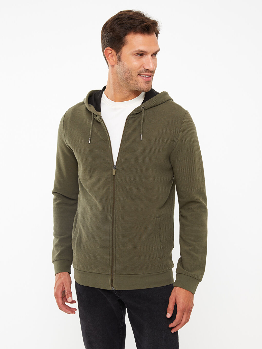 Haki Standart Kalıp Kapüşonlu Erkek Spor Hırka