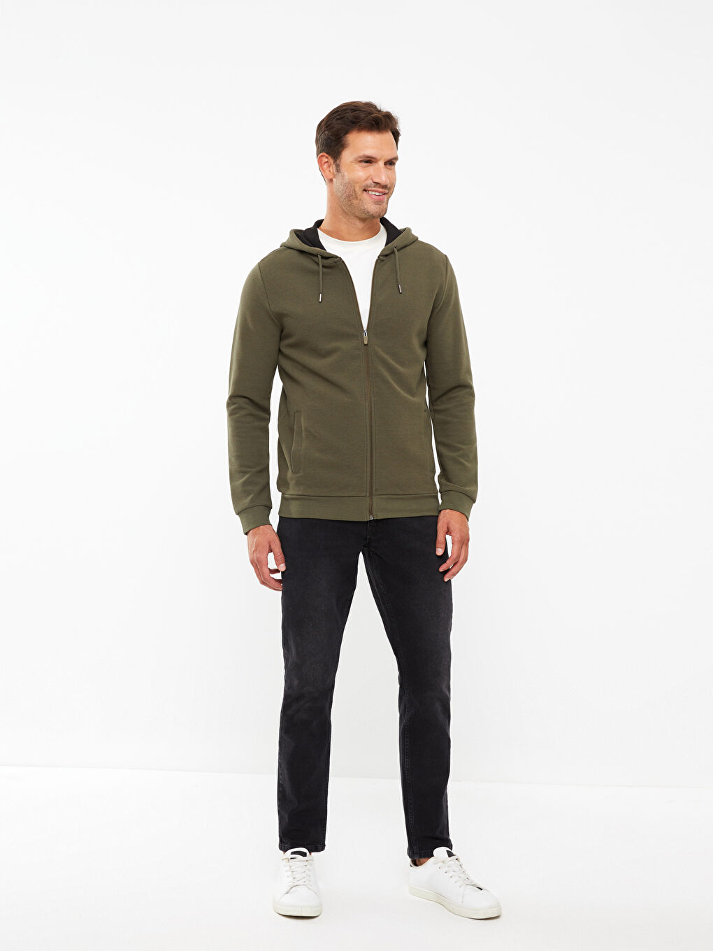 Haki Standart Kalıp Kapüşonlu Erkek Spor Hırka-1