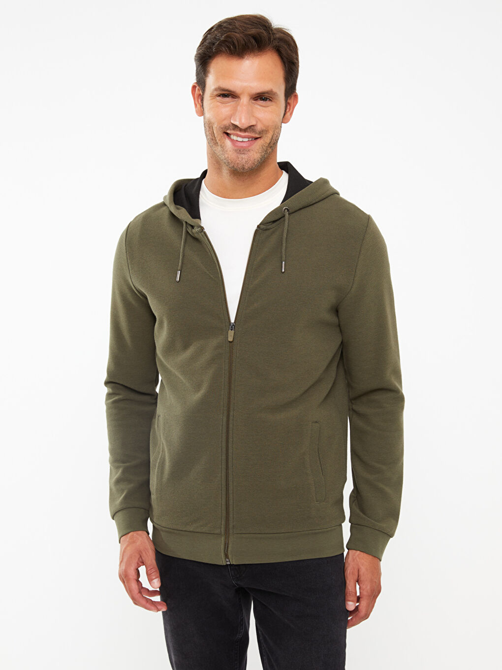 Haki Standart Kalıp Kapüşonlu Erkek Spor Hırka-2