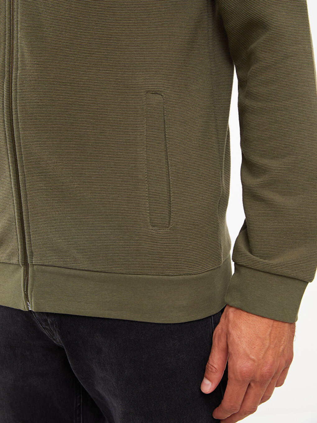 Haki Standart Kalıp Kapüşonlu Erkek Spor Hırka-3