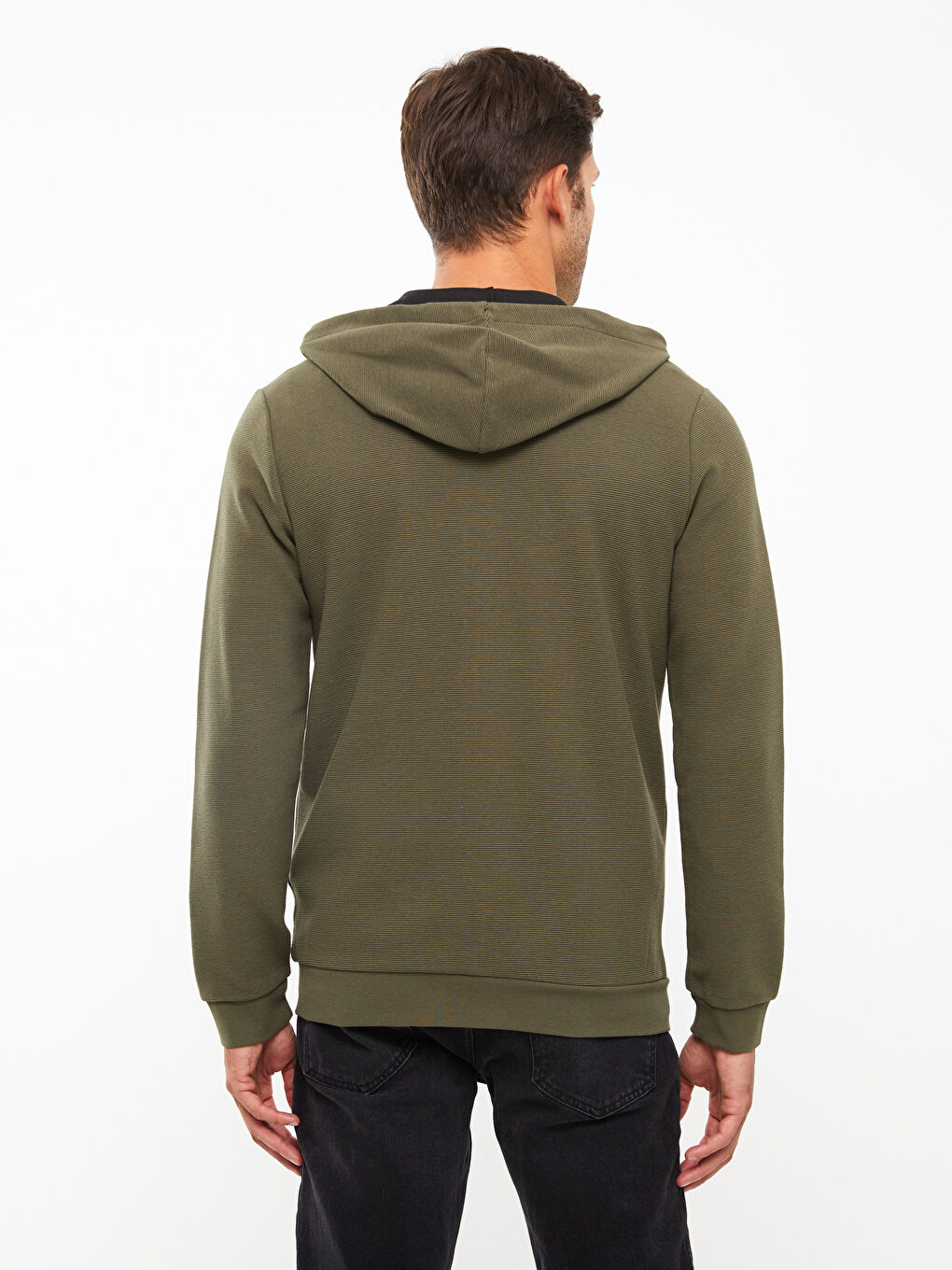Haki Standart Kalıp Kapüşonlu Erkek Spor Hırka-4