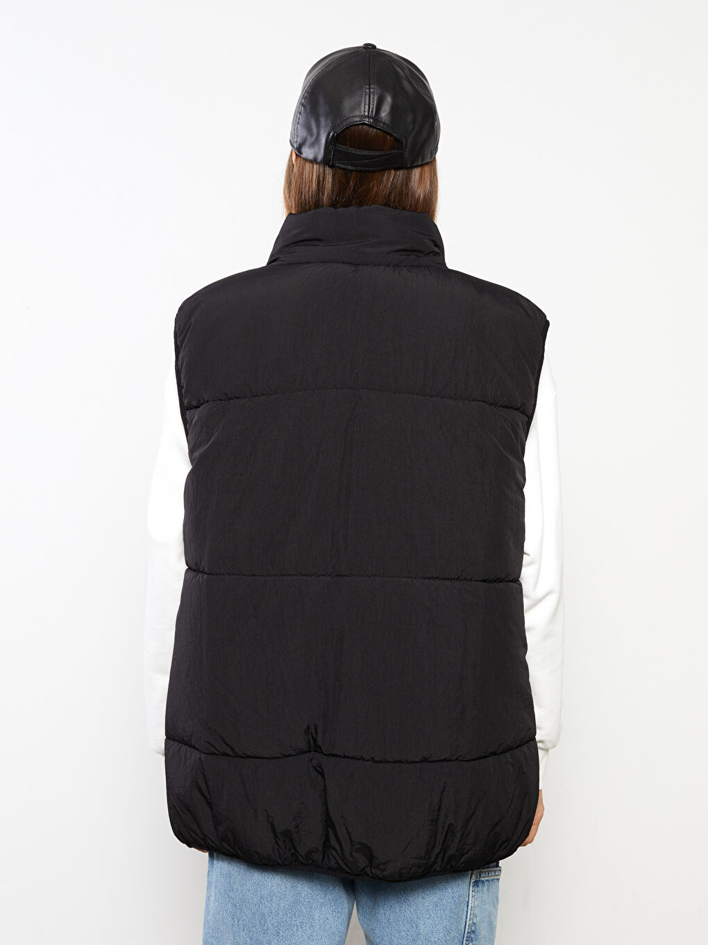 Siyah Kadın Dik Yaka Düz Şişme Yelek-5