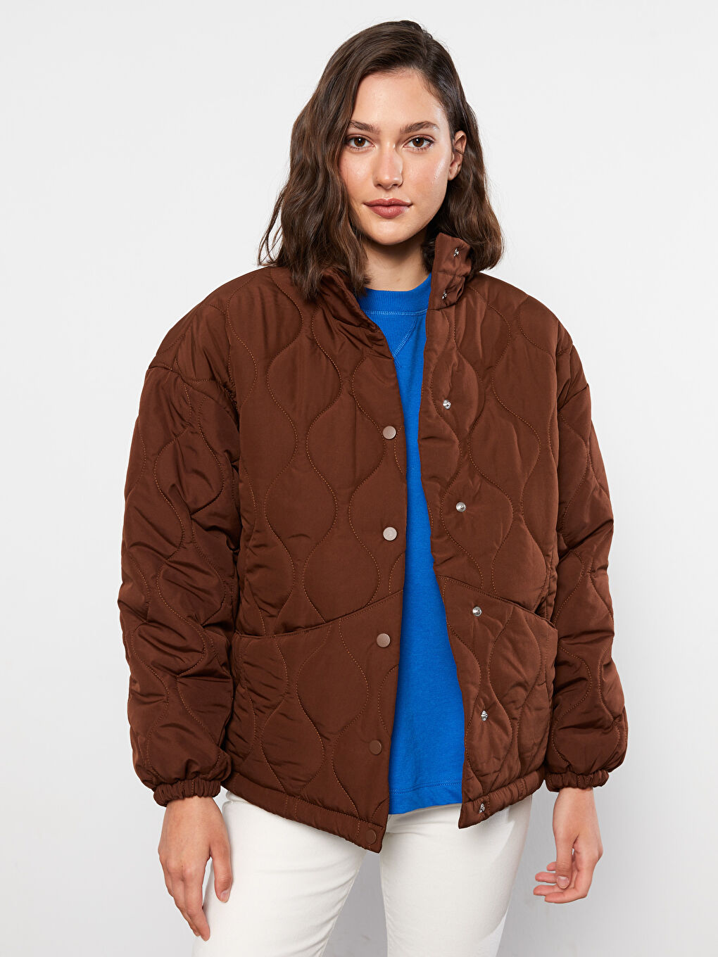 Geacă de Puf Pentru Femei Cu Guler Înalt Model Matlasat Mânecă Lungă-2