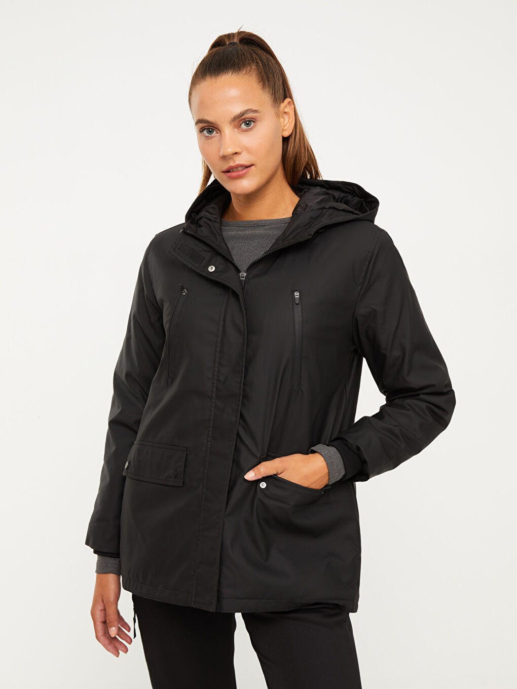 Hooded Straight Long Sleeve Women's Outdoor Raincoat-5