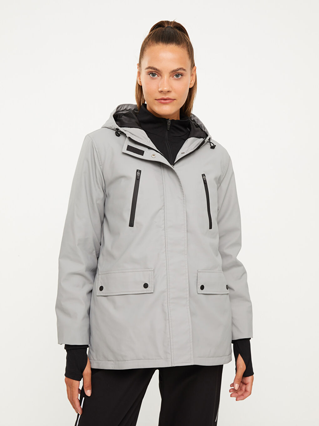 Gri Kapüşonlu Düz Uzun Kollu Kadın Outdoor Yağmurluk