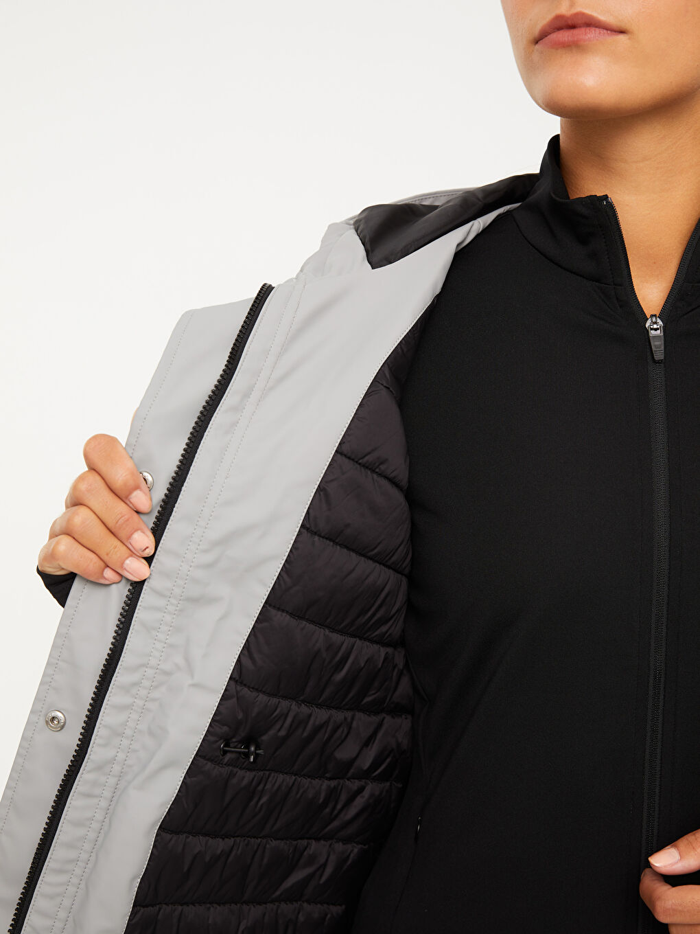 Gri Kapüşonlu Düz Uzun Kollu Kadın Outdoor Yağmurluk-4