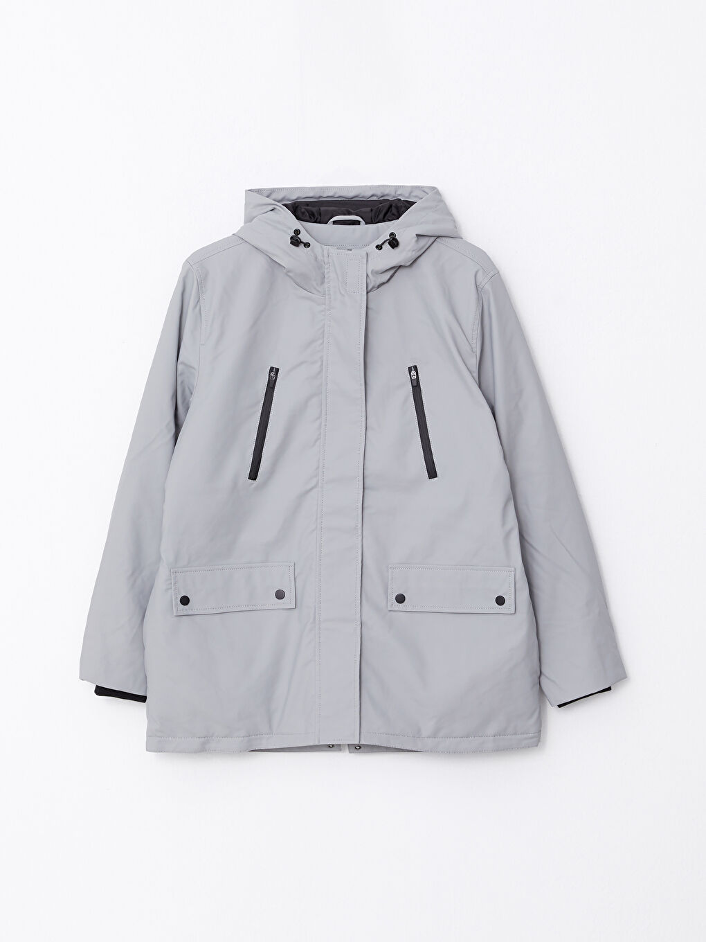 Gri Kapüşonlu Düz Uzun Kollu Kadın Outdoor Yağmurluk-6