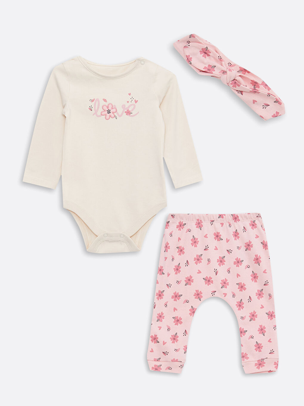 Bej Bisiklet Yaka Uzun Kollu Baskılı Pamuklu Kız Bebek 3'lü Takım