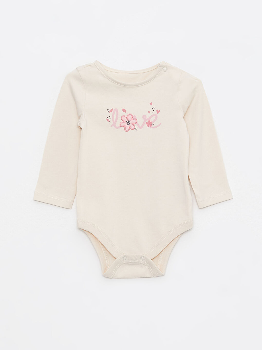 Bej Bisiklet Yaka Uzun Kollu Baskılı Pamuklu Kız Bebek 3'lü Takım-1