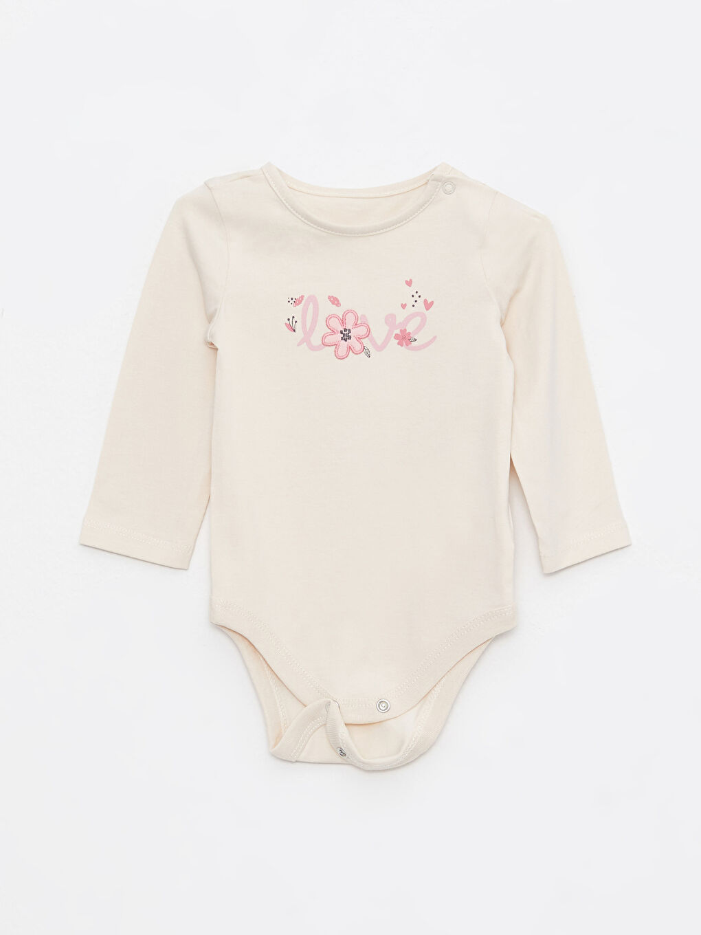 Bej Bisiklet Yaka Uzun Kollu Baskılı Pamuklu Kız Bebek 3'lü Takım-2