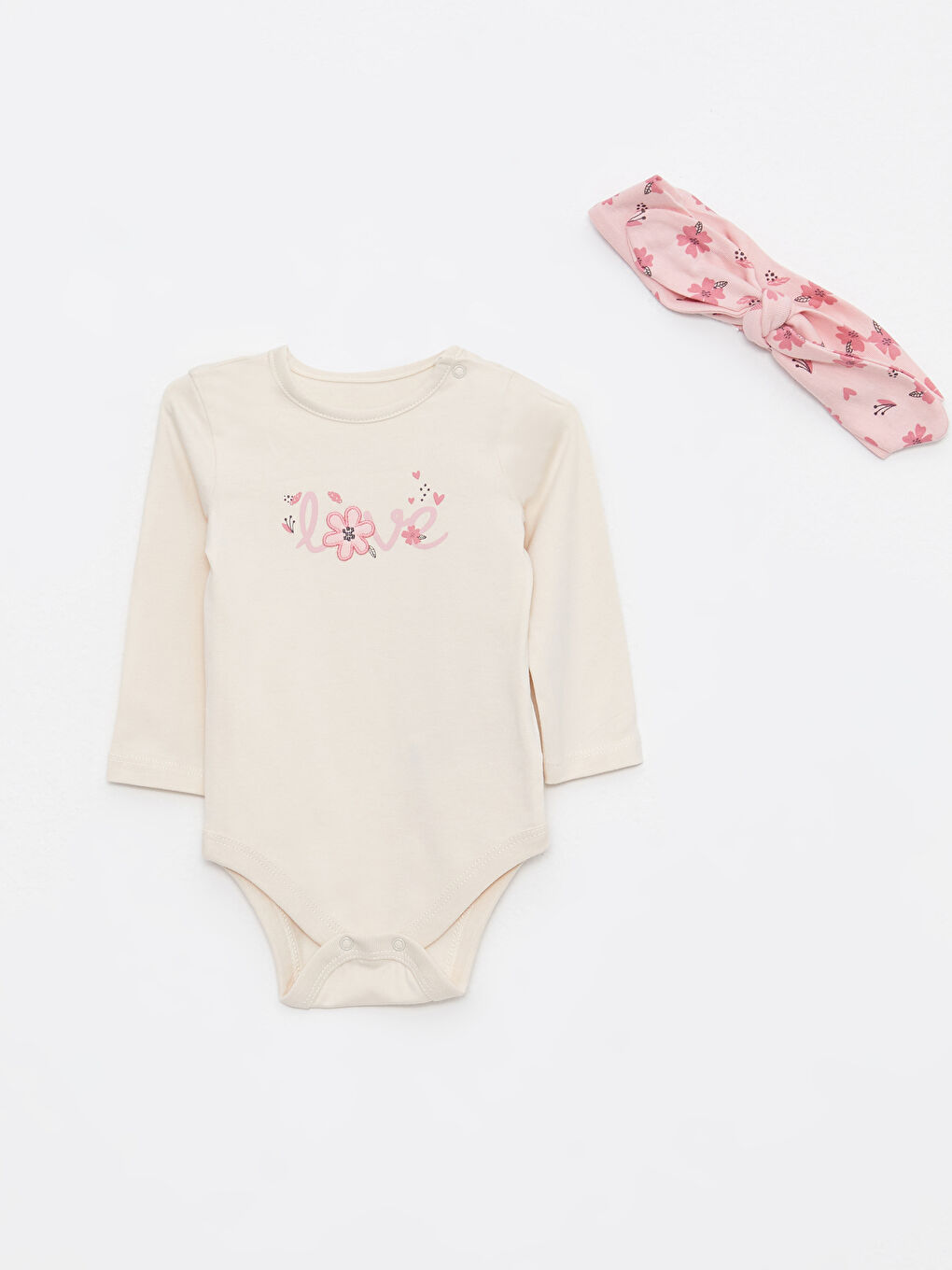 Bej Bisiklet Yaka Uzun Kollu Baskılı Pamuklu Kız Bebek 3'lü Takım-4