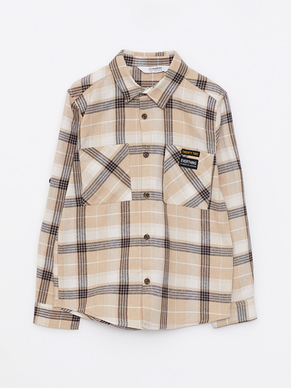 Bej Uzun Kollu Ekose Desenli Pamuklu Erkek Çocuk Gömlek