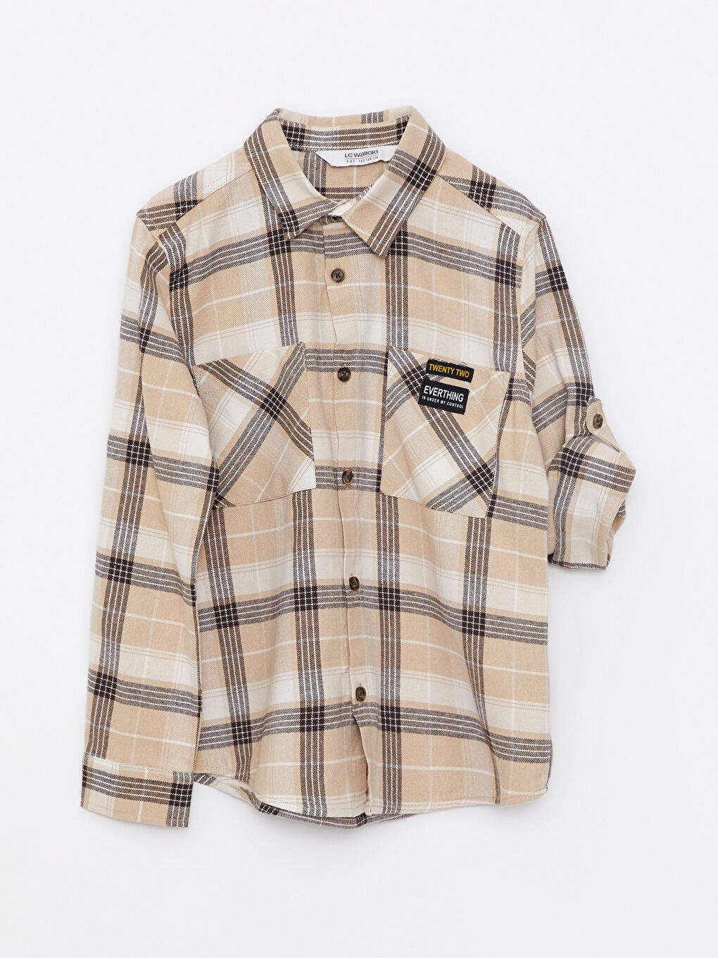 Bej Uzun Kollu Ekose Desenli Pamuklu Erkek Çocuk Gömlek-1