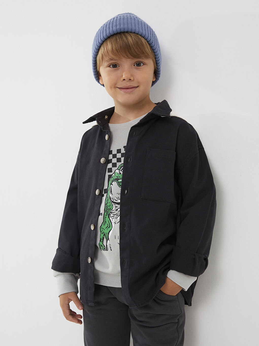 LCW Kids Hooded Printed Long Sleeve Gabardine Boys Shirt -W23269Z4-HGG